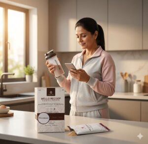 a woman having wello recoop drink in her hand