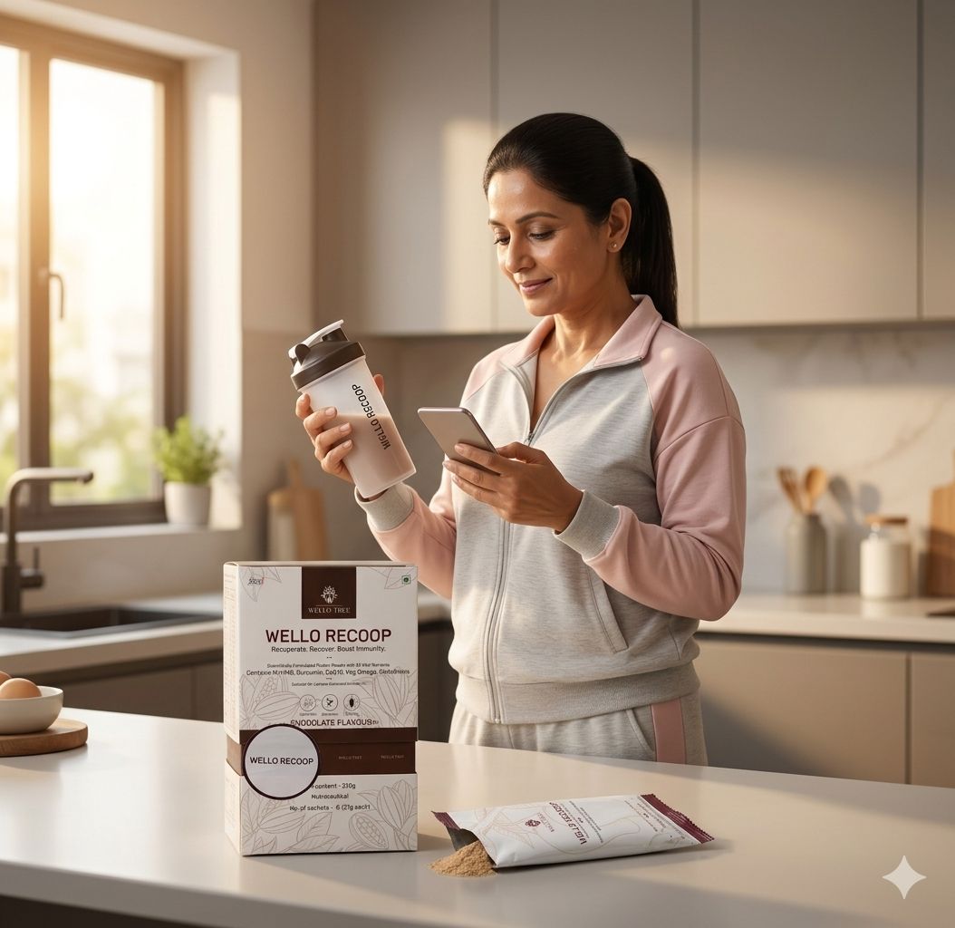 a woman having wello recoop drink in her hand