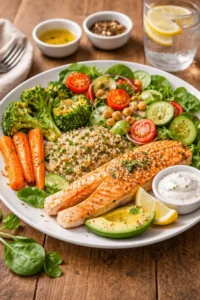 protein explainer a meal plate packed with many dishes including protien and nutrients