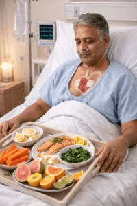 Foods that speed healing a patient having meal at the hospital